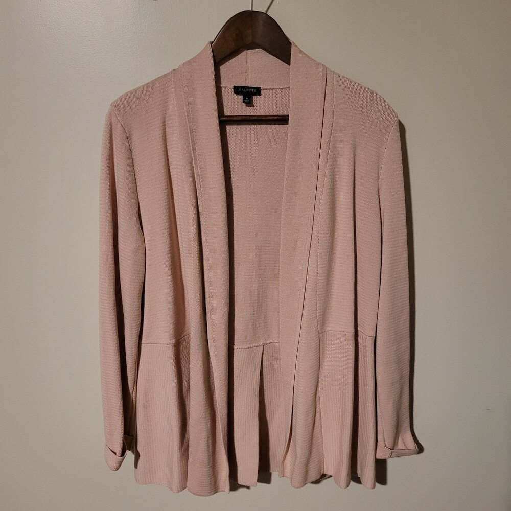 Talbots Pink Shawl Collar Open Front Peplum Hem Tight Knit Sweater SZ M